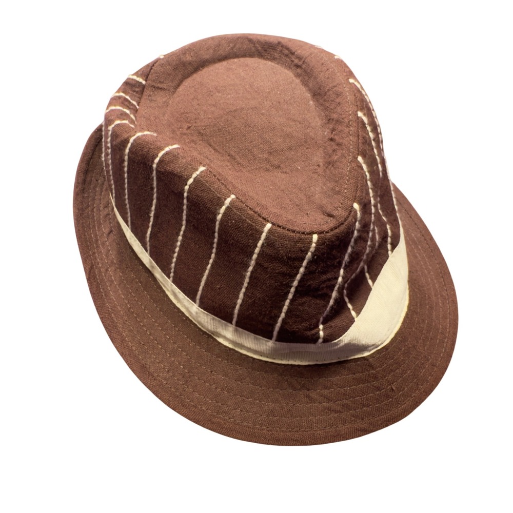 D&Y Brown Pinstripe Fedora Hat Linen Cotton‎ OSFM – Lined Casual Retro